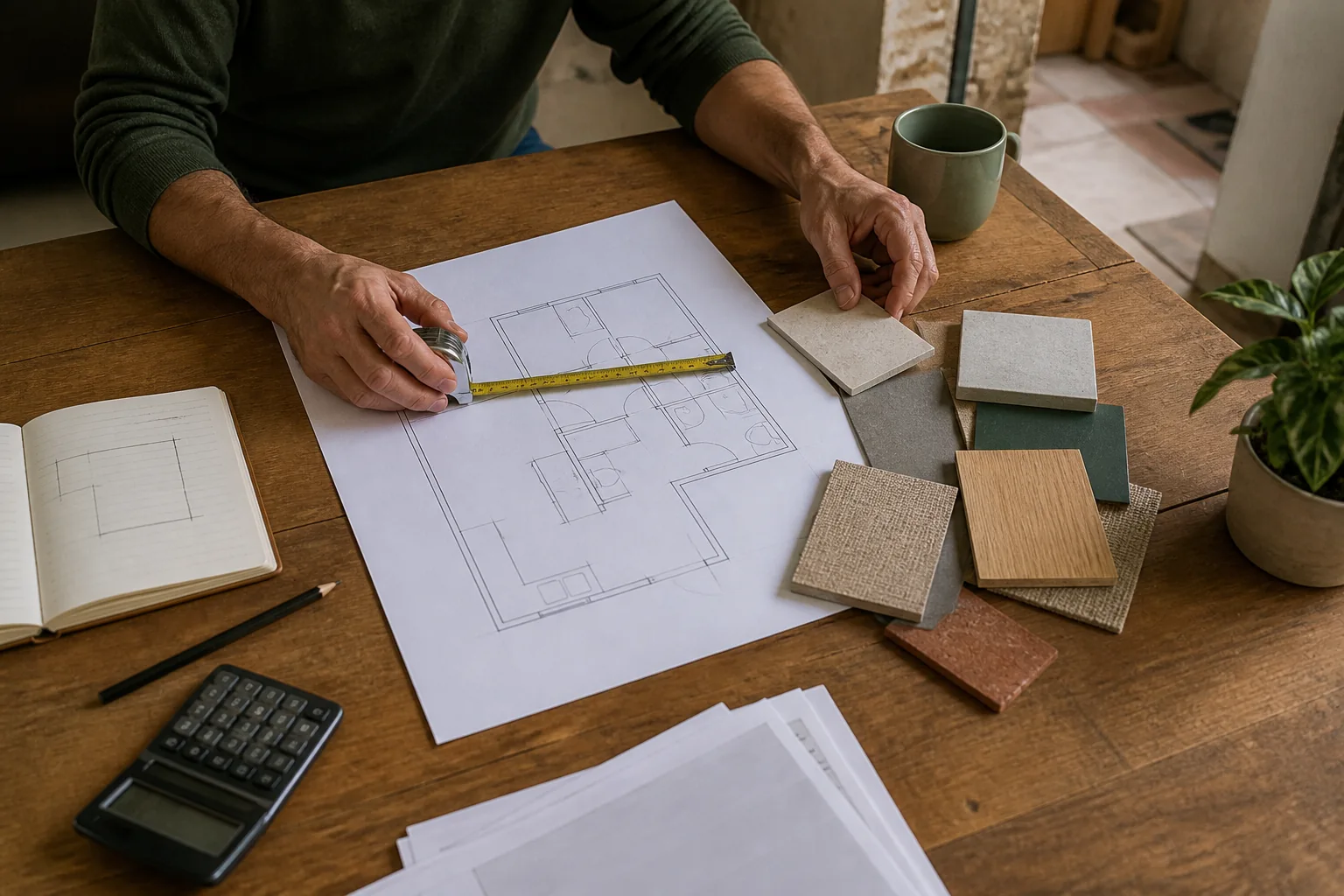Table de préparation d'un chantier avec plan, mètre, calculatrice et échantillons